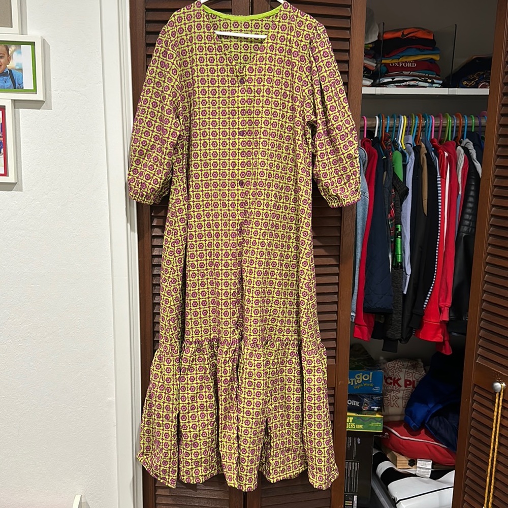 Lime green and purple embroidered midi dress